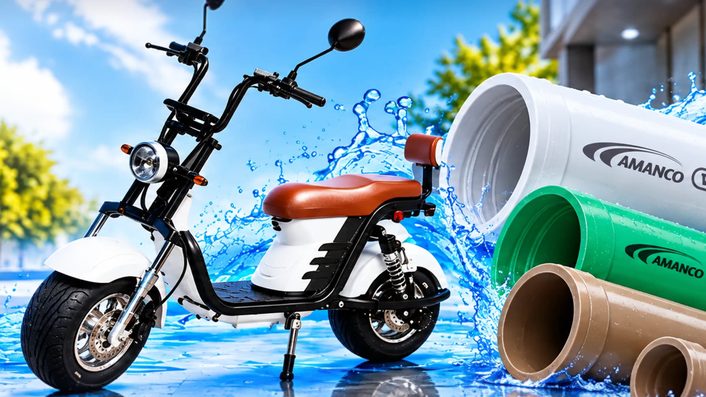 Scooter elétrica branca e tubos Amanco Wavin entre respingos de água